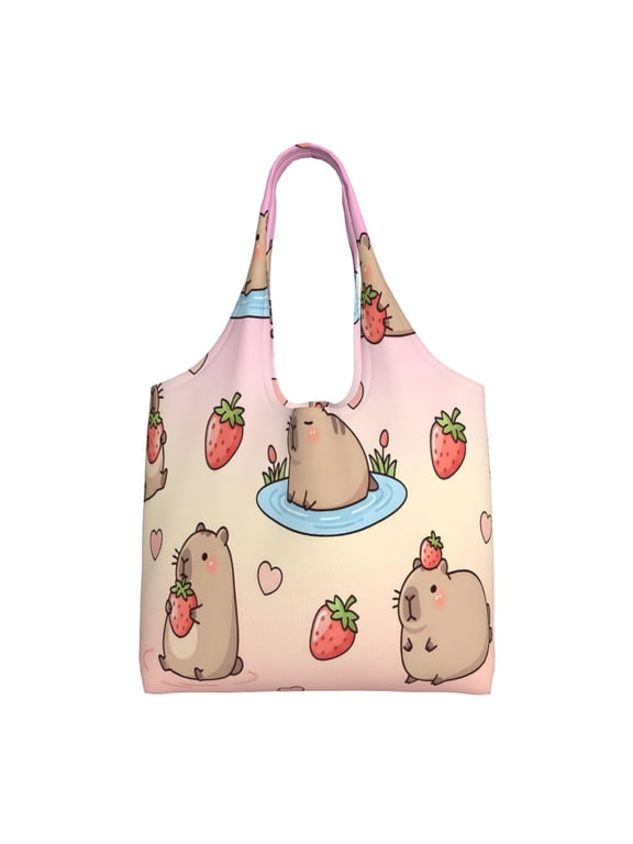 Large Canvas Tote Bag For Women Men Soft Shoulder Bag Lightweight For Groceries Work Commute Travel Reusable Shopping Bag Pusheen Capybara Pattern (2)