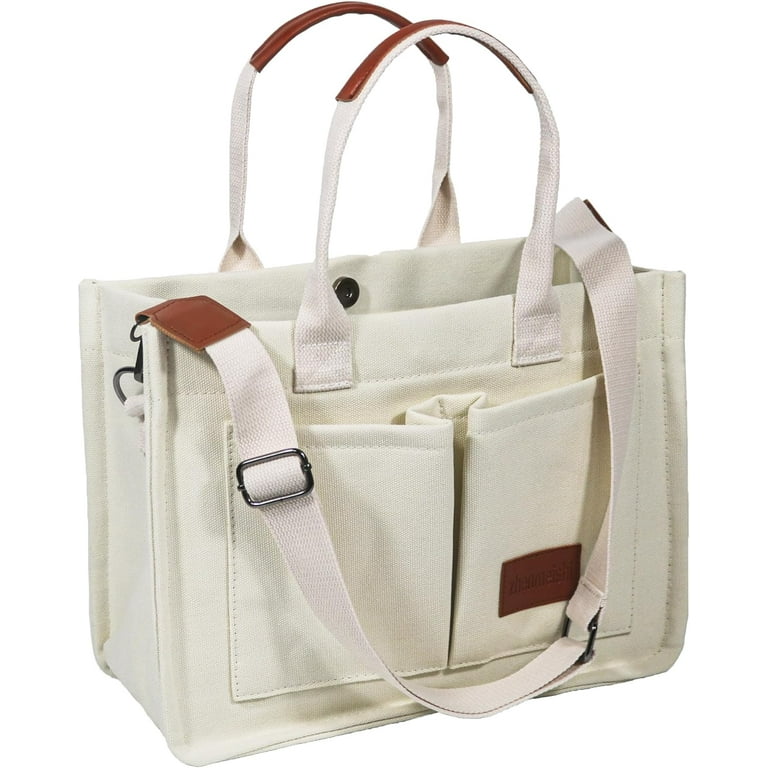 Y HUANWUYU Large Canvas Tote Bag for Women with Pockets Laptop Crossbody Purses Everything Everyday Bag Handbags for Work Beach Gym Women s White