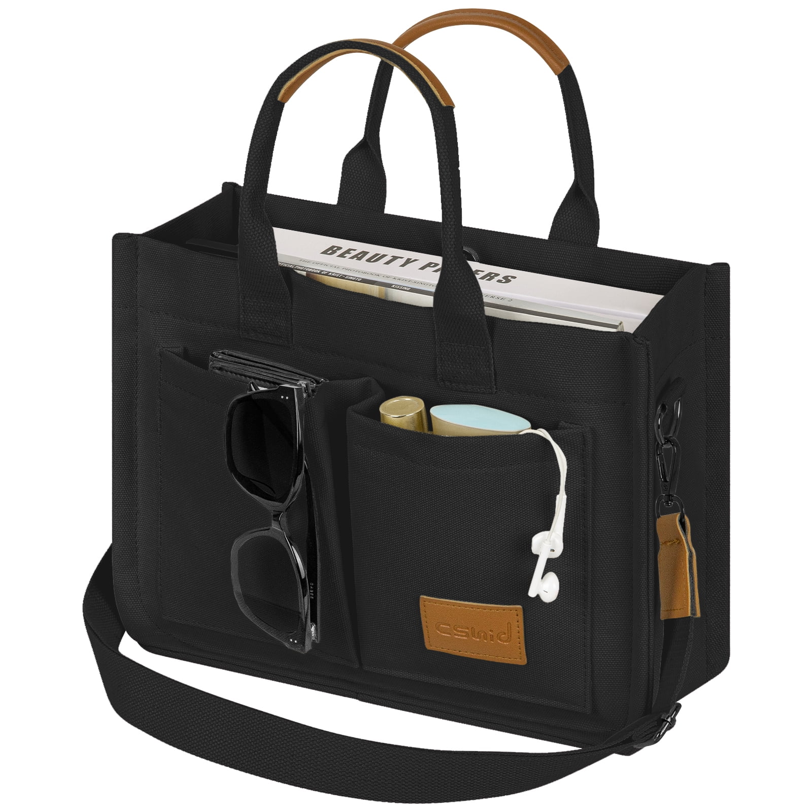 Canvas Tote Bag for Women With Pockets, Laptop Work Crossbody Everyday Satchel, Purses Everything Shoulder Tote Bag Everyday Satchel Handbags Messenger Gym Totes, Black
