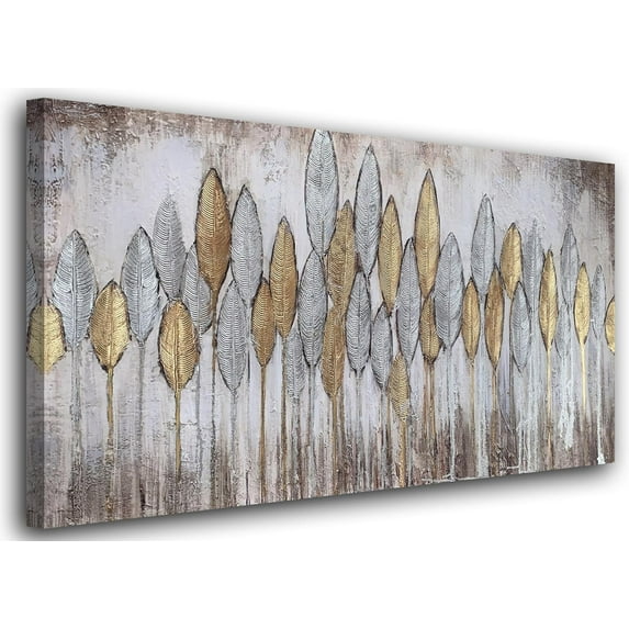Large Canvas Wall Art, Abstract Leaf Landscape Textured Painting, Gold Silver Modern Artwork for Living Room Bathroom Kitchen Office Home Decor 40x20