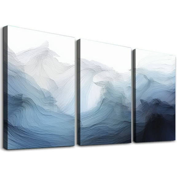 Large Canvas Wall Art Long Horizontal Abstract Art Paintings Navy Blue Block and Line Graffiti White Background Modern Artwork Decor for Living Room Bedroom 12''x16''X3 Panels