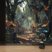 Large Canvas Wallpaper Peel & Stick Market Art Whimsical Forest Illustration Self-Adhesive Wall Mural Removable Wall Decal Wall Sticker Poster Home Decor for Living Room