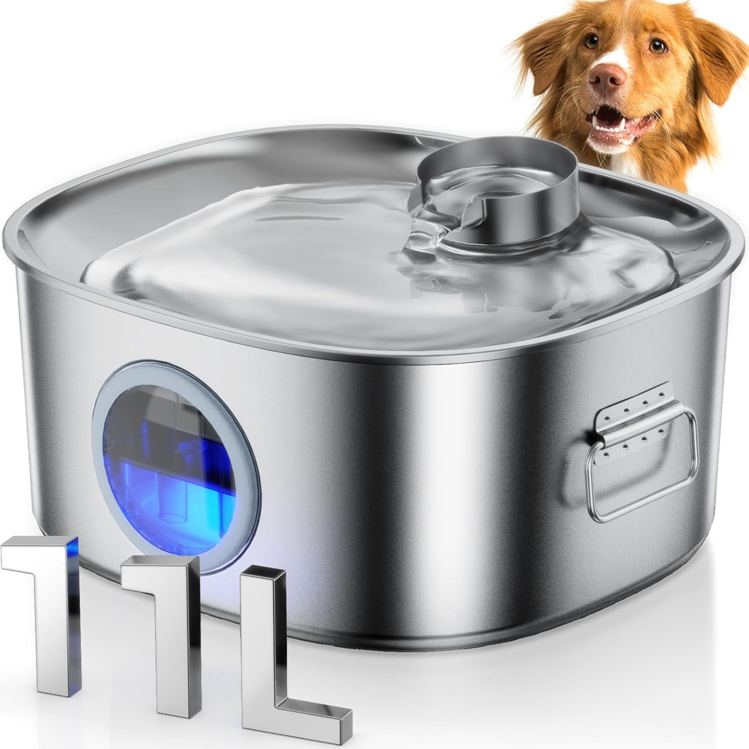 Large Capacity 11L/2.8Gal Stainless Steel Pet Water Fountain with Visible Window, LED Light & Ultra-Quiet Automatic Dispenser for Dogs and Multi-Pet Households