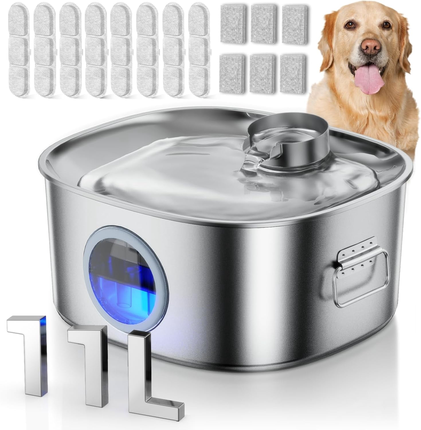 Large Capacity 11L/2.8Gal Stainless Steel Pet Water Fountain with Visible Window, LED Light & Ultra-Quiet Automatic Dispenser for Dogs and Multi-Pet Households