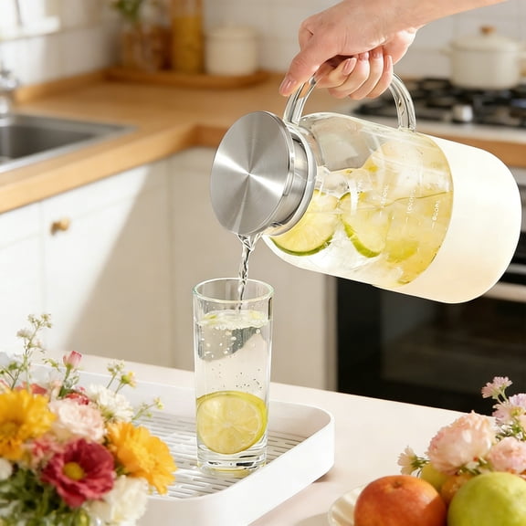 Large Capacity 1800ml Glass Pitcher for Cold Drinks, Fruit Infused Tea & Parties, Durable Borosilicate with Anti-Slip Base and Stainless Steel Lid Clear