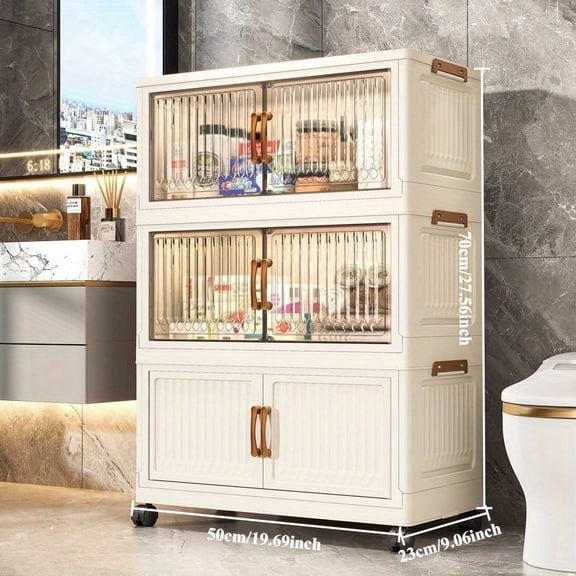 Large Capacity 19-inch Wide Modern Folding with Magnetic Double Door & Wheels - Heavy-Duty 3/5-Tier Plastic Shelving Unit Suitable for Kitchen, Bedroom, Office Organization - Space-Saving Storage Box