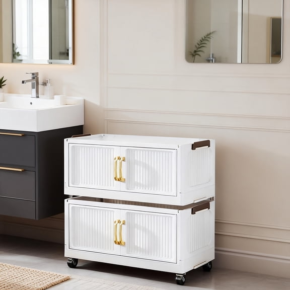 Large Capacity 19-inch Wide Modern Folding with Magnetic Double Door & Wheels - Heavy-Duty 3/5-Tier Plastic Shelving Unit Suitable for Kitchen, Bedroom, Office Organization - Space-Saving Storage Box