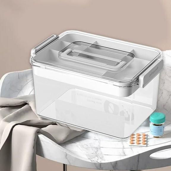 Large Capacity 2-Layer Organizer Box with Transparent Lid & Secure Lock | Portable Family Medication Storage Case | 1-Piece White or Gray Plastic Box