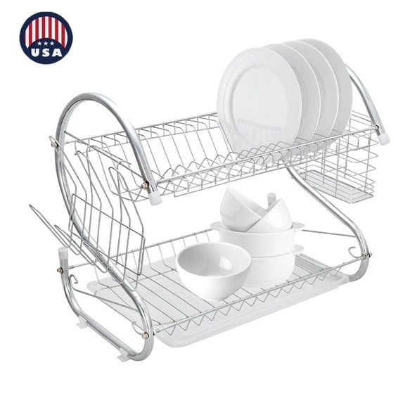Large Capacity 2 Tier Dish Cup Drainer Drying Rack Kitchen Home Stainless Steel