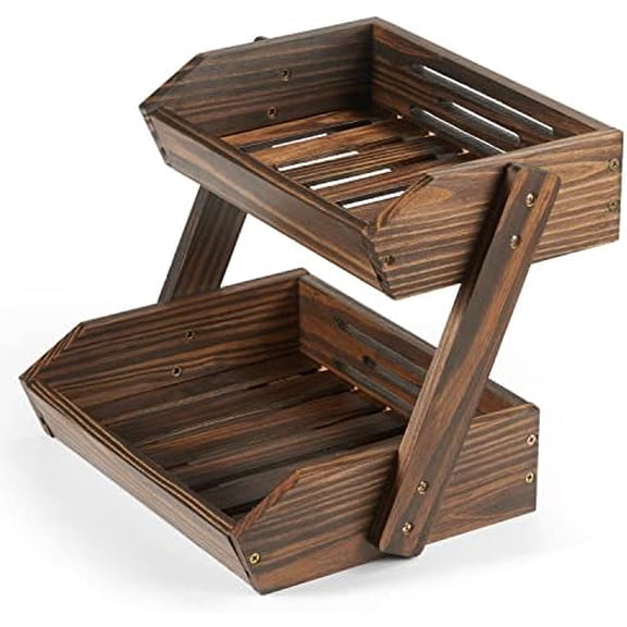 Large Capacity 2-Tier Wooden Fruit Basket, Durable Acacia Wood, 10.5" Tall, Spacious for Produce, Vegetables, Bread Storage and Home Kitchen Countertop
