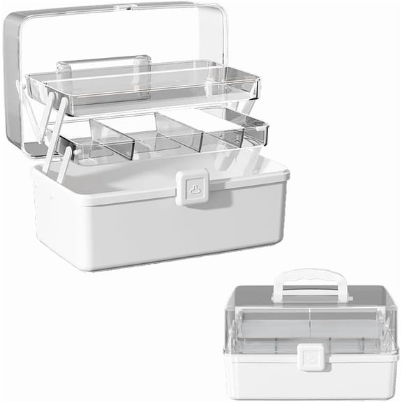Large Capacity 3-Layer Storage Box with Handle, Cantilever Portable Tackle & Craft Case Organizer, Folding Plastic Medicine for Sewing Supplies, Makeup, Nail, Hair Accessories (White)