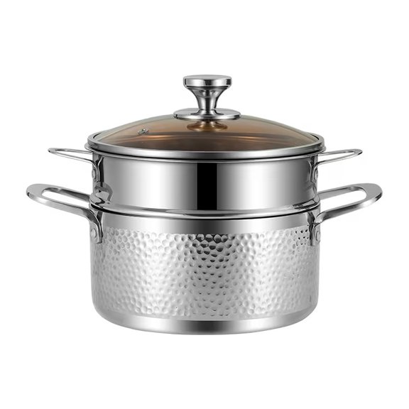 Large Capacity 304 Stainless Steel Steaming Pot with Glass Lid Compatible with Open Fire & Induction Cookers for Congee, Soup, Vegetable Steaming