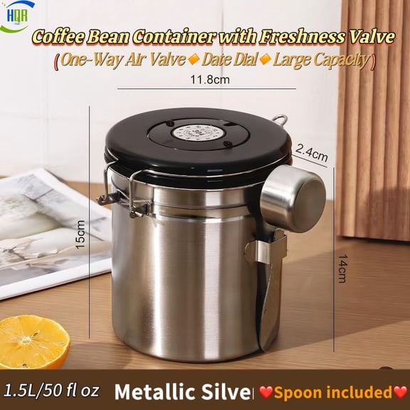 Large Capacity 304SS Coffee Bean Container with Freshness Valve, Date Dial,One-Way Air Valve,Metallic Silver,50 fl oz