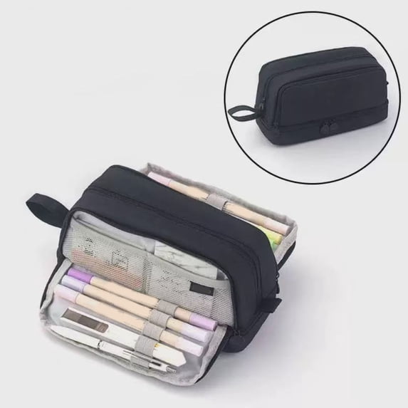 Large Capacity 4 Compartment Pencil Box, 8.7x3.9x3.7in Multi Layer Zipper Stationery Organizer Multifunctional Colorful Pen Bag for Student Supply Black