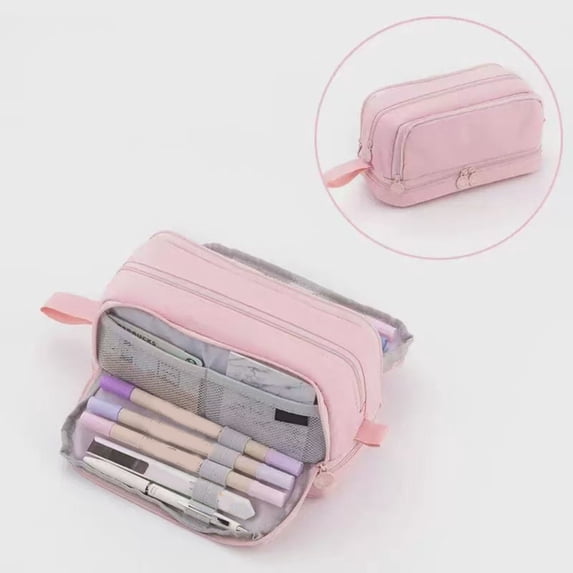Large Capacity 4 Compartment Pencil Box, 8.7x3.9x3.7in Multi Layer Zipper Stationery Organizer Multifunctional Colorful Pen Bag for Student Supply Pink