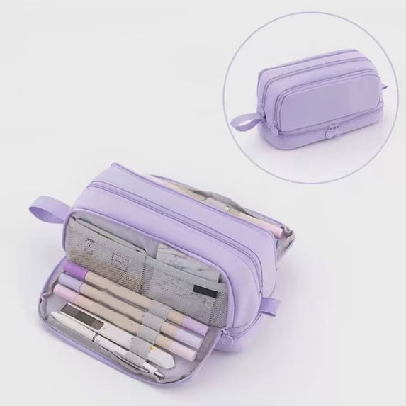 Large Capacity 4 Compartment Pencil Box, 8.7x3.9x3.7in Multi Layer Zipper Stationery Organizer Multifunctional Colorful Pen Bag for Student Supply Purple
