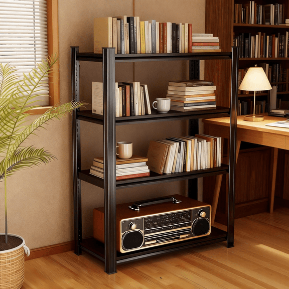 Large Capacity 4-Tier BookshelfBookcase - Industrial Metal Bookcase Tall & Adjustable, Double-Layer Column, Ideal for Library/Office/Living Room, Black