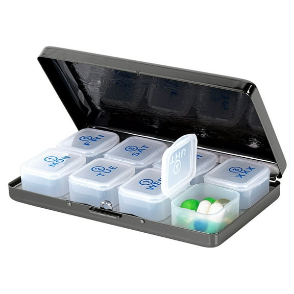 Large Capacity 7-Day 8-Compartment Pill Organizer, Travel Metal Pill Box, BPA-Free Portable Pill Case (Black)