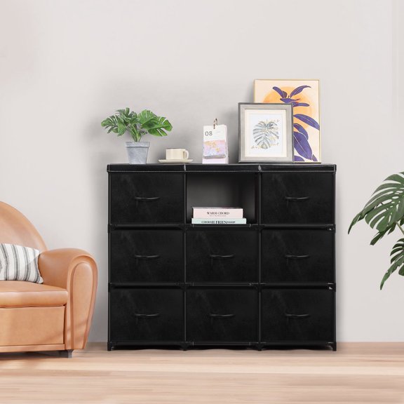 Large Capacity 8-Drawer Storage Cabinet with Leather-Finish Front, Fabric Drawers, Steel Frame, Anti-Tip Safety, for Bedroom, Dressing Room, Entryway, Black