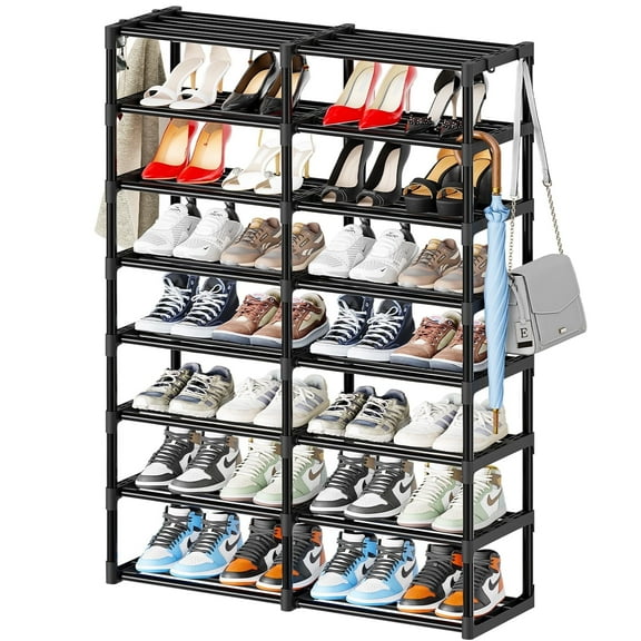 SUFAUY Adult 8-Tiers Adjustable Shelves Freestanding Shoe Rack with 4 Hooks, Black, Holds up to 40-Pairs of Shoes