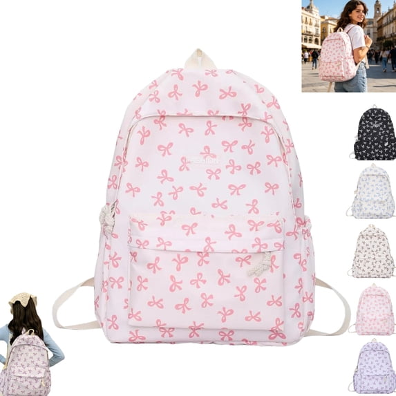Large Capacity All Over Bow Print Nylon Backpack, Lightweight Cute Laptop Daypack Multi Pocket Fashion Travel School Backpack for Women Girls