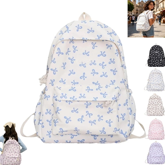 Large Capacity All Over Bow Print Nylon Backpack, Lightweight Cute Laptop Daypack Multi Pocket Fashion Travel School Backpack for Women Girls