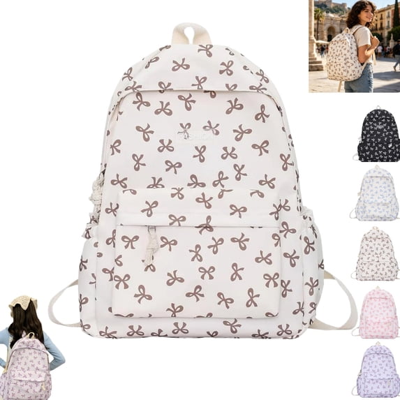 Large Capacity All Over Bow Print Nylon Backpack, Lightweight Cute Laptop Daypack Multi Pocket Fashion Travel School Backpack for Women Girls