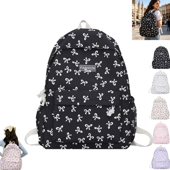 Large Capacity All Over Bow Print Nylon Backpack, Lightweight Cute Laptop Daypack Multi Pocket Fashion Travel School Backpack for Women Girls