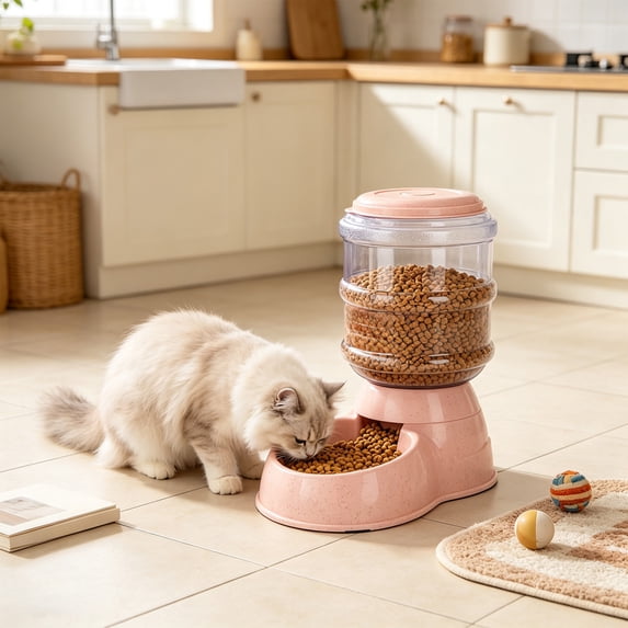 Large Capacity Automatic Dry Pet Food Feeder Plastic Gravity Dispenser for Cats Dogs Puppies Kittens Indoor Daily Feeding,Pink
