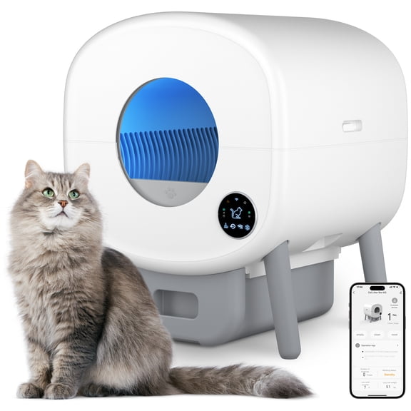 Large Capacity Automatic Self-Cleaning Cat Litter Box with Two Rolls of Garbage Bags, White and Grey