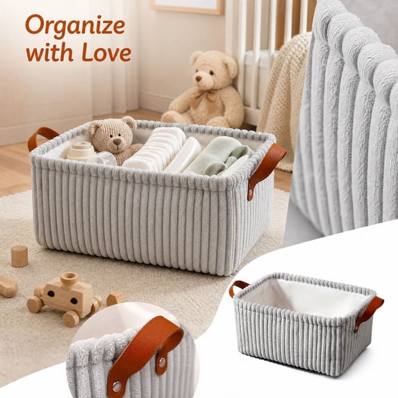Large Capacity Baby Storage Basket, Corduroy Nursery Organizer with Handles for Toys, Clothes and Diapers, Soft Storage Bin for Baby Room, Birthday Gift Idea