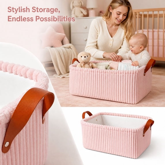 Large Capacity Baby Storage Basket, Corduroy Nursery Organizer with Handles for Toys, Clothes and Diapers, Soft Storage Bin for Baby Room, Birthday Gift Idea