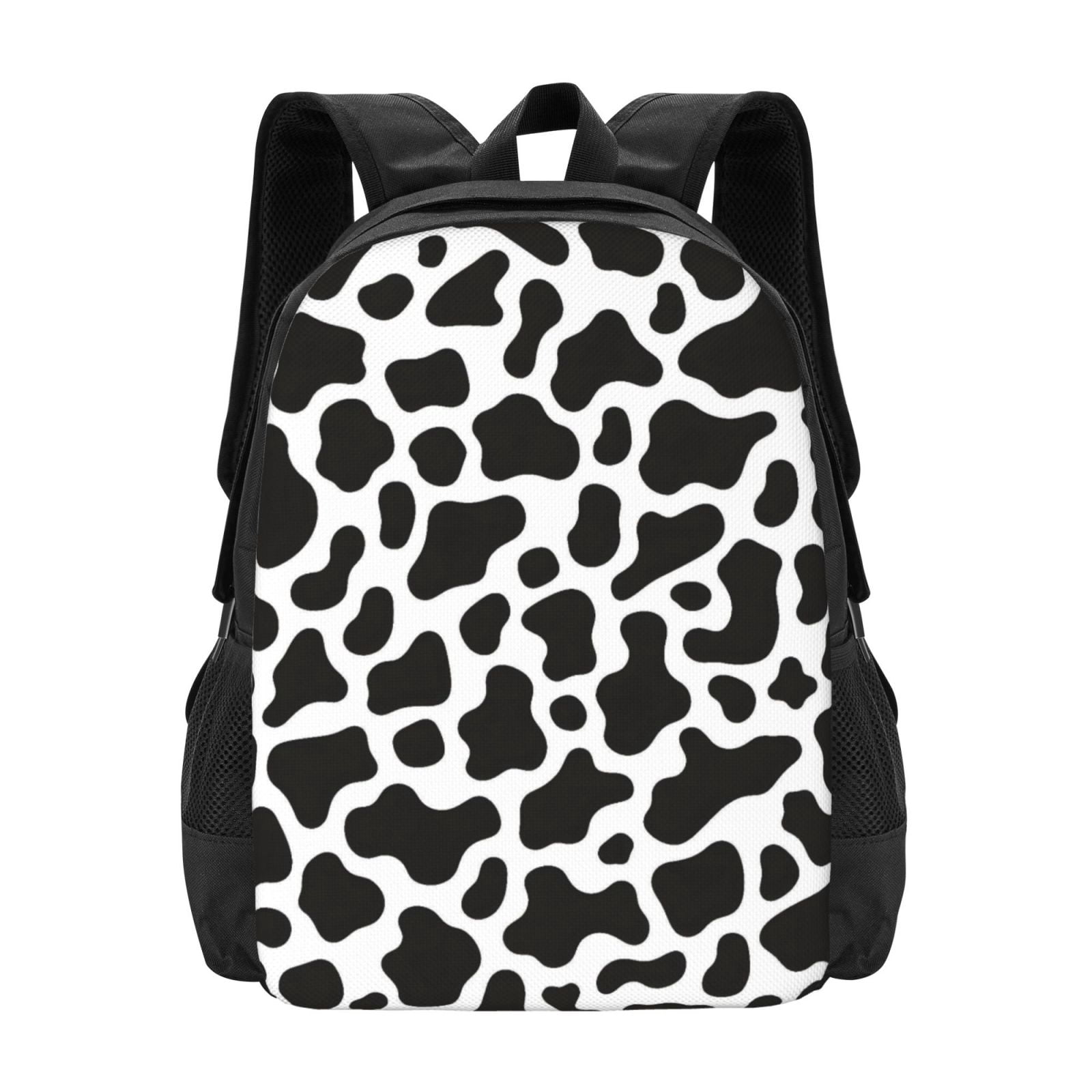 Large Capacity Backpack 16.5×12.5×5.5in Widened Shoulder Strap Design Main Bag Large Top Handle Belt Adjustable Shoulder Strap Black White Cow Print