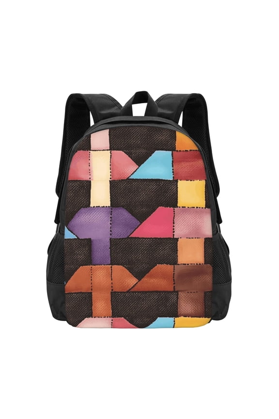 Large Capacity Backpack 16.512.55.5in Widened Shoulder Strap Design Main Bag Large Top Handle Belt Adjustable Shoulder Strap Saddlebrown Colorful Houndstooth Hand-Drawn Sketch_2