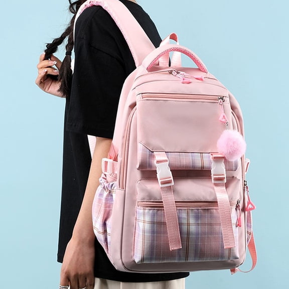 Large Capacity Backpack for Women 2026 Aesthetic Cute Outdoor Fashion Plaid Laptop Computer Daypack Work Travel Pink 11.8 In