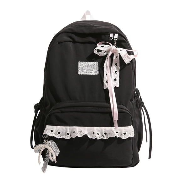Large Capacity Backpack with Bow Pendant, Multi-Pockets Lace Zipper Closure School Bag for Outdoor Travel Trip (Black)