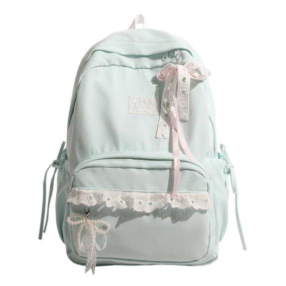 Large Capacity Backpack with Bow Pendant, Multi-Pockets Lace Zipper Closure School Bag for Outdoor Travel Trip (Blue)