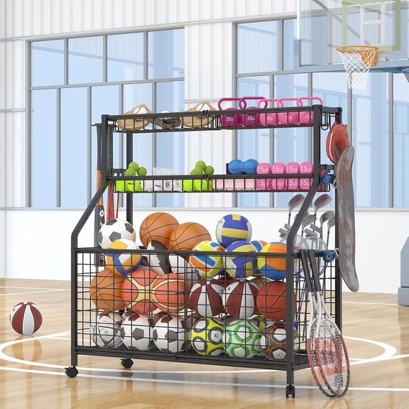 Large Capacity Ball Storage Rack for Garage, Home Gym, Multifunctional Sports Equipment Organizer with Heavy Duty Steel Construction