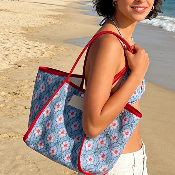 Large Capacity Beach Bag, Colour Blocked Mesh Shoulder Tote, Breathable Travel Shopping Bag, Stylish Openwork Storage Bag, Ideal for Beach, Picnic, Outdoor and Travel Use