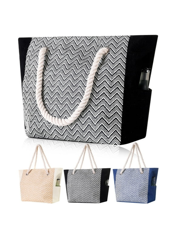 Large Capacity Beach Bags for Women Durable Waterproof Canvas Beach Tote Shoulder Bags Vintage Striped Woven Handbag With Zipper Inner Pockets Rope handle Canvas For Mom Sister Wife Girlfriend Gifts