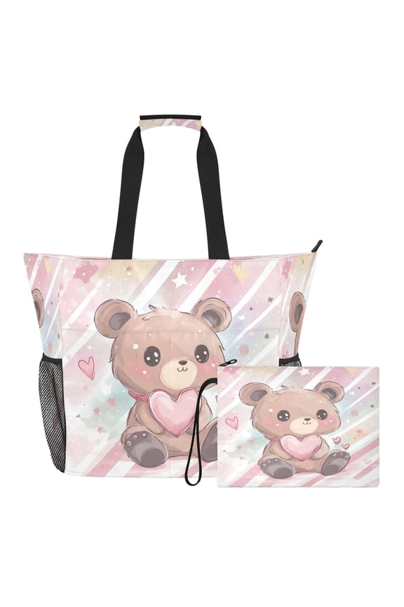 Large Capacity Beach Tote Bag Water Resistant Twill Fabric Gym Swim Bag Multi-Pocket Travel Bag Brown Cute Bear