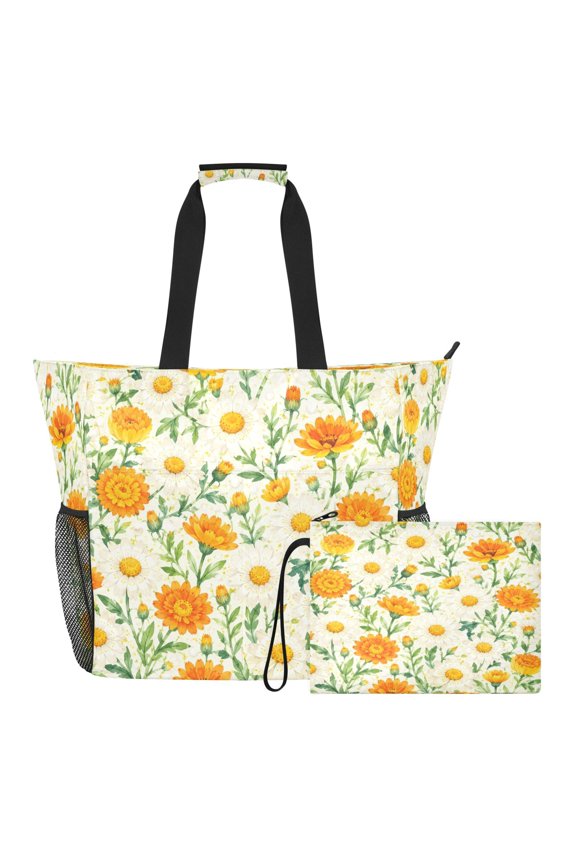 Large Capacity Beach Tote Bag Water Resistant Twill Fabric Gym Swim Bag Multi-Pocket Travel Bag Daisy Orange Bright