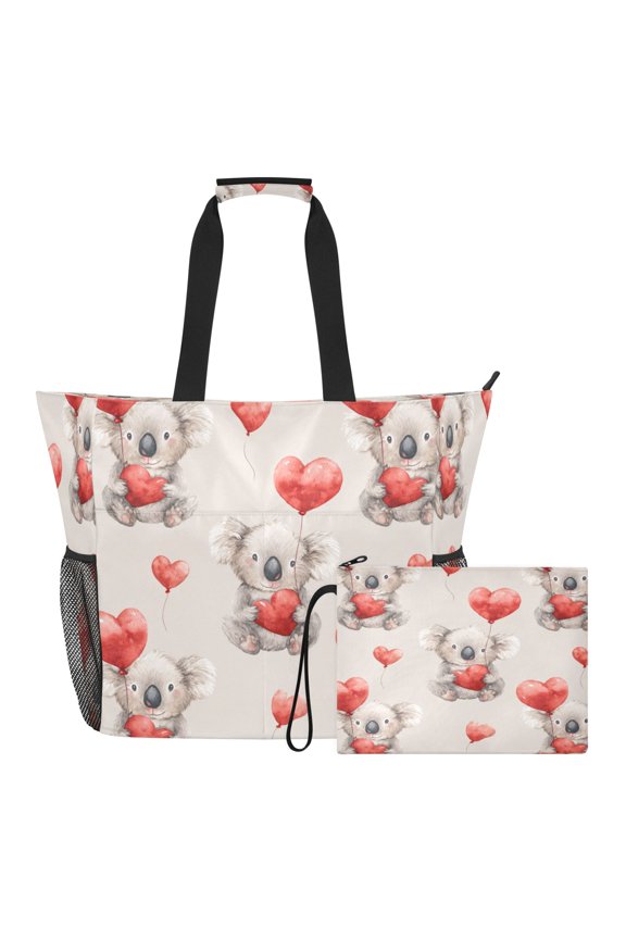 Large Capacity Beach Tote Bag Water Resistant Twill Fabric Gym Swim Bag Multi-Pocket Travel Bag Koala Bear Heart Balloons