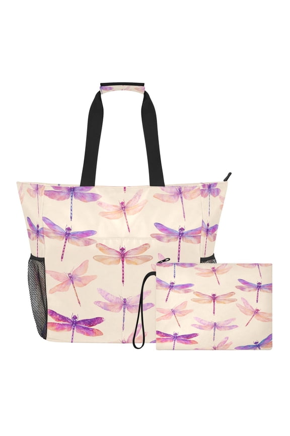 Large Capacity Beach Tote Bag Water Resistant Twill Fabric Gym Swim Bag Multi-Pocket Travel Bag Purple Dragonfly