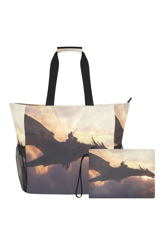 Large Capacity Beach Tote Bag Water Resistant Twill Fabric Gym Swim Bag Multi-Pocket Travel Bag Warrior Dragon