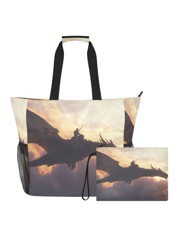 Large Capacity Beach Tote Bag Water Resistant Twill Fabric Gym Swim Bag Multi-Pocket Travel Bag Warrior Dragon