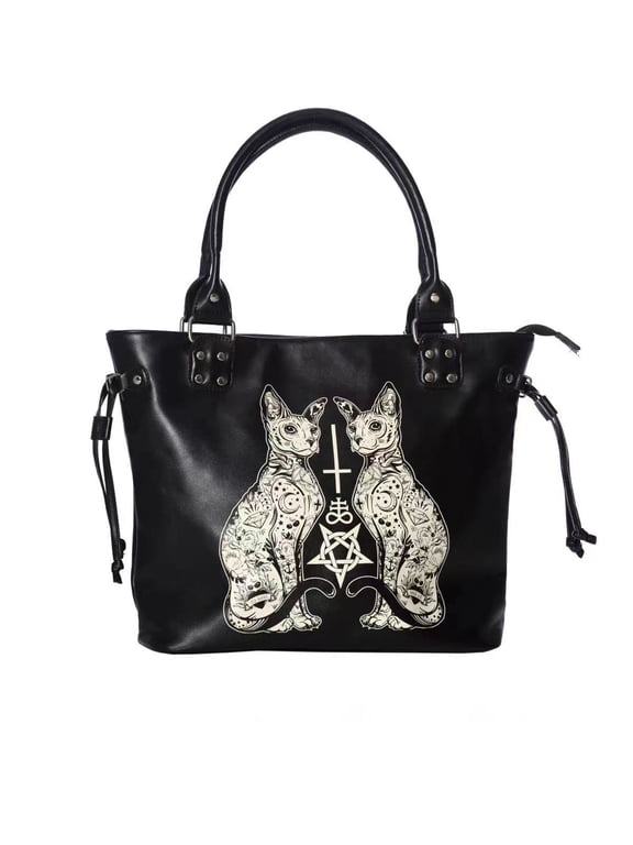 Large Capacity Black Tote Bag Women High Street Lolita Gothic Leather Y2k Grunge Handbag Female Punk Dark Shoulder Bags