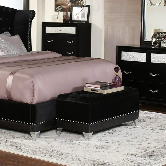 Large Capacity Black Trunk With Button Tufting And Stylish Nailhead Trim - Functional Storage Decoration Practical