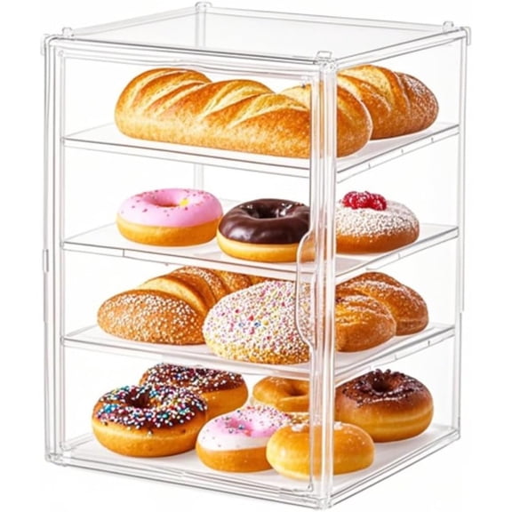 Large Capacity Bread Box Pastry Display Case - Fully Transparent 4-Tier Stackable Storage Box, Acrylic for Kitchen Counter, Dustproof Display Cabinet for Bakery & Dessert Shop