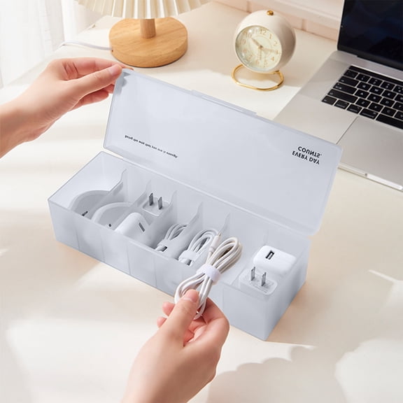 Large Capacity Cable Organizer Box with Lid | 28x10x7.8cm Plastic Storage Case | Desktop Cord Management | Waterproof & Dirtproof | White